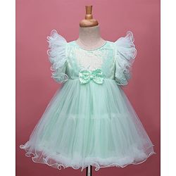 Babyhug Woven Frill Sleeves Party Dress With Sequinned Yoke & Bow Applique - Mint Green