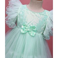 Babyhug Woven Frill Sleeves Party Dress With Sequinned Yoke & Bow Applique - Mint Green