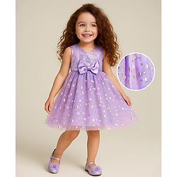 Babyhug Woven Sleeveless Glitter Printed Fit & Flare Party Dress with Bow Applique & Sequin Detailing - Lavender