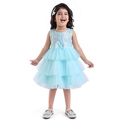 Babyhug Woven Sleeveless Party Dress With Bow Applique & Sequinned Yoke - Light Blue
