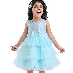 Babyhug Woven Sleeveless Party Dress With Bow Applique & Sequinned Yoke - Light Blue