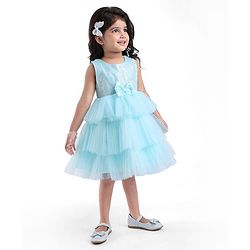 Babyhug Woven Sleeveless Party Dress With Bow Applique & Sequinned Yoke - Light Blue