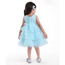 Babyhug Woven Sleeveless Party Dress With Bow Applique & Sequinned Yoke - Light Blue