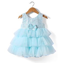 Babyhug Woven Sleeveless Party Dress With Bow Applique & Sequinned Yoke - Light Blue