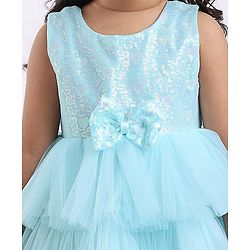 Babyhug Woven Sleeveless Party Dress With Bow Applique & Sequinned Yoke - Light Blue
