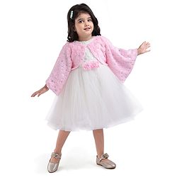 Babyhug Woven Full Sleeves Flora Foil Printed Shrug & Fit & Flared Shimmered Party Dress with Fur Yoke - Pink