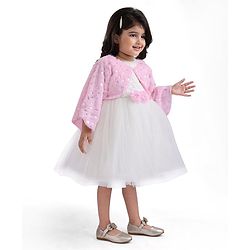 Babyhug Woven Full Sleeves Flora Foil Printed Shrug & Fit & Flared Shimmered Party Dress with Fur Yoke - Pink