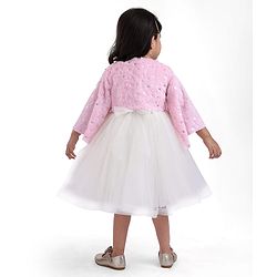Babyhug Woven Full Sleeves Flora Foil Printed Shrug & Fit & Flared Shimmered Party Dress with Fur Yoke - Pink