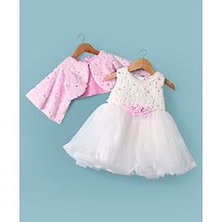 Babyhug Woven Full Sleeves Flora Foil Printed Shrug & Fit & Flared Shimmered Party Dress with Fur Yoke - Pink