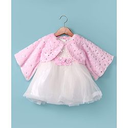Babyhug Woven Full Sleeves Flora Foil Printed Shrug & Fit & Flared Shimmered Party Dress with Fur Yoke - Pink