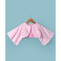 Babyhug Woven Full Sleeves Flora Foil Printed Shrug & Fit & Flared Shimmered Party Dress with Fur Yoke - Pink