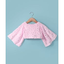 Babyhug Woven Full Sleeves Flora Foil Printed Shrug & Fit & Flared Shimmered Party Dress with Fur Yoke - Pink