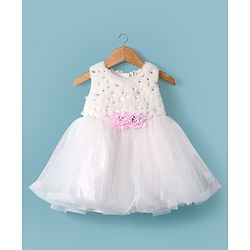 Babyhug Woven Full Sleeves Flora Foil Printed Shrug & Fit & Flared Shimmered Party Dress with Fur Yoke - Pink