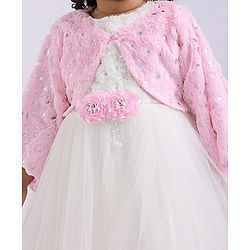 Babyhug Woven Full Sleeves Flora Foil Printed Shrug & Fit & Flared Shimmered Party Dress with Fur Yoke - Pink
