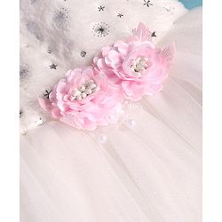 Babyhug Woven Full Sleeves Flora Foil Printed Shrug & Fit & Flared Shimmered Party Dress with Fur Yoke - Pink