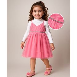 Babyhug Woven Shimmered Party Dress With Full Sleeves Solid Ribbed Inner Tee - Pink & White