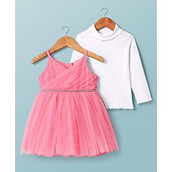 Babyhug Woven Shimmered Party Dress With Full Sleeves Solid Ribbed Inner Tee - Pink & White