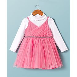Babyhug Woven Shimmered Party Dress With Full Sleeves Solid Ribbed Inner Tee - Pink & White