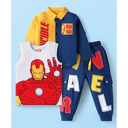 Babyhug Marvel Cotton Knit Full Sleeve Shirt With T-Shirt & Lounge Pant Set With Avengers Graphics - Blue Red Yellow