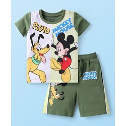Babyhug Disney Cotton Knit Half Sleeves T-Shirt & Shorts Set With Mickey Mouse Graphics - Mint Dark Green