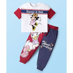 Babyhug Disney Cotton Knit Half Sleeves T-Shirt & Lounge Pant Set With Minnie Mouse & Daisy Graphics - White & Red