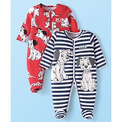 Babyhug Disney Interlock Knit Full Sleeves Footed Sleep Suits With 101 Dalmatians Graphics Pack of 2 - Red & Navy Blue