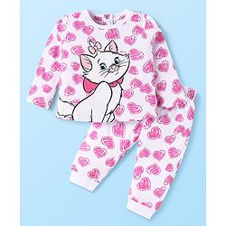 Babyhug Disney Single Jersey Knit Full Sleeve Night Suit With Front & Back Marie Graphic - White & Pink