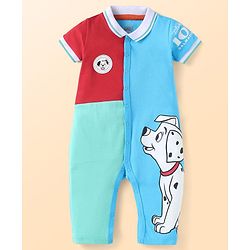 Babyhug Disney Interlock Knit Half Sleeves Front Open Collared Cut & Sew Romper with 101 Dalmatian Graphics & Badge Detailing - Light Blue