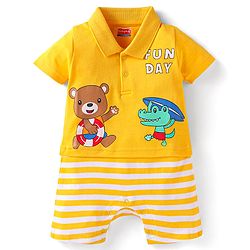 Babyhug Interlock Knit Half Sleeves Romper With Animal Print - Yellow
