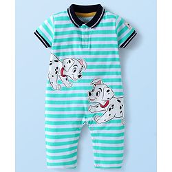 Babyhug Disney  Interlock Knit Half Sleeves Collared Romper with Stripes & 101 Dalmatians Graphics - White
