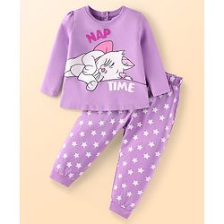 Babyhug Disney Single Jersey Knit Full Sleeves Night Suit With Marie Graphics - Lilac