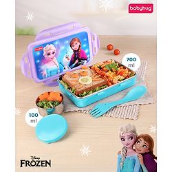 Babyhug Disney Frozen 3D Stainless Steel Lunch box with inner container,700ml & 100ml, Airtight Lunch for School Kids|BPA Free|100% Food Grade|Dishwasher Safe|Reusable|Recyclable- Lavender