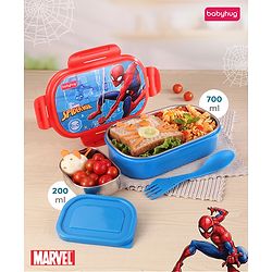 Babyhug Marvel Spiderman  3D Stainless Steel Lunch box with inner container,700ml & 100ml, Airtight Lunch for School Kids|BPA Free|100% Food Grade|Dishwasher Safe|Reusable|Recyclable- Red