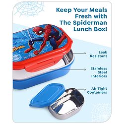 Babyhug Marvel Spiderman  3D Stainless Steel Lunch box with inner container,700ml & 100ml, Airtight Lunch for School Kids|BPA Free|100% Food Grade|Dishwasher Safe|Reusable|Recyclable- Red