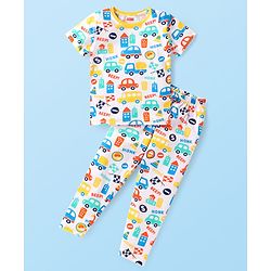 Babyhug Cotton Knit Half Sleeves Night Suit with Vehicle Print - Multicolor