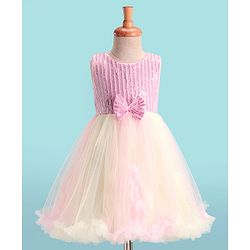 Babyhug Sleeveless Fit & Flared Sequined Yoke Ruffled Dress with Bow Applique - Pink