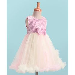 Babyhug Sleeveless Fit & Flared Sequined Yoke Ruffled Dress with Bow Applique - Pink