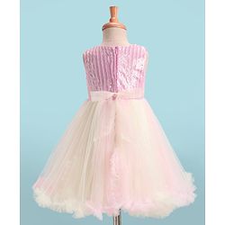 Babyhug Sleeveless Fit & Flared Sequined Yoke Ruffled Dress with Bow Applique - Pink