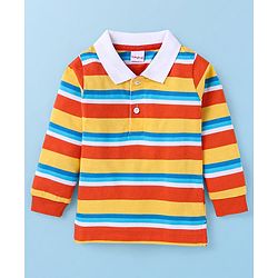 Babyhug Cotton Knit Full Sleeves Polo T-Shirt With Strips Print - Orange & Red