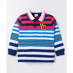 Babyhug Cotton Knit Full Sleeves Polo T-Shirt With Strips & Text Print - Blue