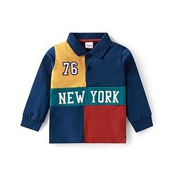 Babyhug Cotton Knit Full Sleeves Polo T-Shirt with Text Print & Color Block - Navy Blue