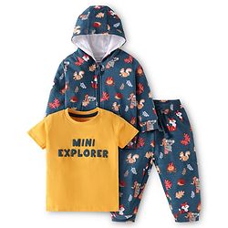 Babyhug Terry Knit Full Sleeves Hooded Sweatjacket & Lounge Pant Set With T-Shirt & Animal Print - Navy Blue & Yellow
