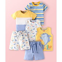 Babyhug Single Jersey Knit Half Sleeves T-Shirts & Shorts With Sando Vests & Shark Print Pack of 6 - Multi Colour
