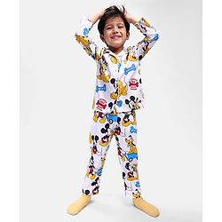Babyhug Disney Cotton Knit  Full Sleeves Night Suit With Mickey Mouse Print - White