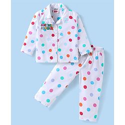 Babyhug Disney Cotton Woven Full Sleeves Night Suit with Minnie Mouse & Polka Dots Print - White
