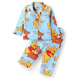 Babyhug Disney Cotton Woven Full Sleeves Front Open Night Suit with Winnie the Pooh Graphics - Light Blue