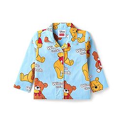 Babyhug Disney Cotton Woven Full Sleeves Front Open Night Suit with Winnie the Pooh Graphics - Light Blue