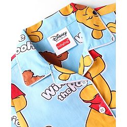 Babyhug Disney Cotton Woven Full Sleeves Front Open Night Suit with Winnie the Pooh Graphics - Light Blue