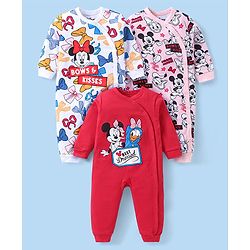 Babyhug Disney Interlock Knit Full Sleeves Rompers With Minnie Mouse Graphics Pack of 3 - Red White & Pink