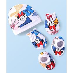 Babyhug Disney Interlock Knit Cap Mittens & Booties Set with Minnie Mouse Graphics - White